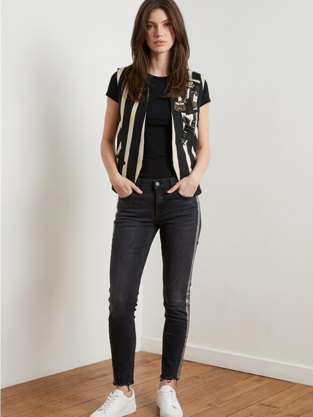 Zara size 8 high rise black jeans and Bloomberg sequenced vest size medium